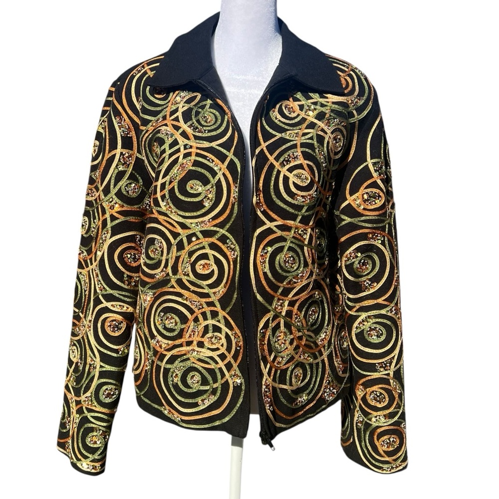 Vintage ANAGE Beaded Embellished Jacket XL Art to Wear Boho Sequin Zip Statement